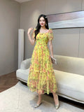 Fongt Gentle Wind And Rags Retro Tea Chiffon Dress Female Waist Temperament Shoulder Bubble Sleeve Mesh Dress