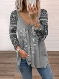 Collar Cotton Blend Pullover Print Long Sleeve Loose T-shirt