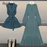 Size Office Ladies Elegant Dress Suits 2022 Spring Long Sleeve Pleated Dresses And Double Breasted Vest Two Piece Set