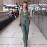 Fongt Women's Temperament Elegant Solid Color V-Neck Sleeveless Vest High-Rise Broad Leg Trousers Set