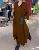 Fongt Autumn And Winter New Leisure Loose Solid Color V Collar Long-Sleeved Dress