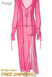 Through Women's Summer Mesh Dress for Beach V Neck Long Sleeve Transparent Maxi Dresses for Women Beachwear Pink