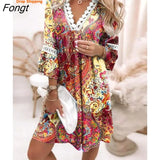 Spring V-neck Printed Lace Panel Bohemian Casual Holiday Dress Beach Outfits for Women Beach Cover Ups for