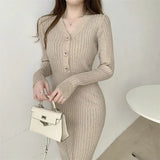 Autumn Mid-Length Skirt Temperament V-Collar Light Ripe Apricot Trim Skirt Knitting Stretch Thin Buttocks Wool Skirt-Outfit