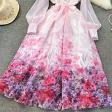 Fongt French Retro Collar Long Sleeves Chopped Flower And Chiffon Dress Women's Spring And Autumn New Lace-Up Long Dress