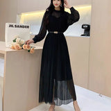 Fongt 2025 New Sweet Bow Heavy Industry Waist Display Thin Folding Solid Color Chiffon Long Sleeve Dress