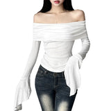 Fongt Summer Women's Solid Color Slim Fashion Temperament A Word Collar Sexy Back Long-Sleeved T-Shirt-Outfit
