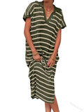 Fongt Summer Dress Women's V-Neck Stripe Low Slit Lapel Long Sweater Even-Outfit
