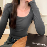 Color Straight Shoulder Slim Square Collar Threaded Short-Sleeved T-Shirt Early Autumn All Look Thin Undershirt-Outfit