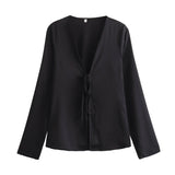 Fongt 2024 New Women's Loose Bow Trim Silk Satin Texture Shirt Women 2183331-Outfit