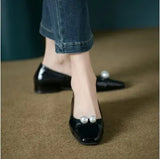 Fongt Pearl Flats For Women's Spring / Summer 2023 Soft Leather Patchwork Color With Skirt Square Head Light Mouth Single Shoes Red Single Shoes-Outfit