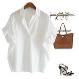 Fongt Summer New Korean Version Of Loose Cotton Blouse White Loose Bat Sleeve Shirt Shirt