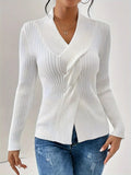 Fongt Women's Knitwear Fashion Temperament Thread Under The Fork Long Sleeve Solid Color Sweater