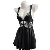 Fongt New French Romantic Lace Lairvoyal Night Coat Sexy Ice Ribbon Breast Pad Sling Short Skirt Homewear