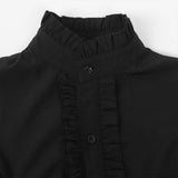 French Style Solid Shirt For Women Stand Flare Sleeve Lace Embroidery Ruffles Bandage Design Gothic Black Shirts Top-Outfit
