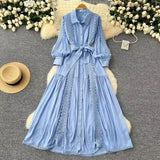 Fongt Elegant Dress Women Autumn Fasting Small High-Grade Lace Splicing Single Buckle Waist Over Knee Dress