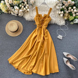 New Design Sense Careful Machine V Collar Back Retro Solid Color Waist Show Thin Hem Long Dress Women's Dress-Outfit