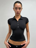 Fongt Style Collar Buckle V-Neck Spliced Chest-Type Umbilled T-Shirt Hottie Temperament Female Casual Top