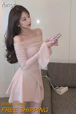 Flare Sleeve Dresses Women Slim Off-shoulder Simple Popular Ulzzang Sexy Autumn Basic Design Tender Mature Soft