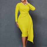Fongt Women's Autumn Fashion Large-Size V-Neck Long-Sleeved Temperament Pencil Skirt Dress
