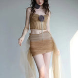 Fongt Summer New Women's Three-Dimensional Flower Decoration Wrapped Chest Exposed Navel Small Vest Mesh Skirt-Outfit