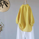 Tunic Tops 2021 ZANZEA Women Cotton Linen Blouse Stand Collar Button Down Blusas Femme Lantern Sleeve