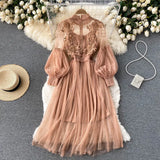 Industry Three-Dimensional Flower Net Gauze Temperament Standing Collar Lantern Sleeves High Waist Show Thin Sling Two Set Fairy Dress-Outfit