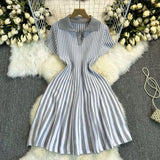 Fongt Retro-Necked Short-Sleeved Striped Knitted Dress Female Waist Temperament Thin A-Word Dress