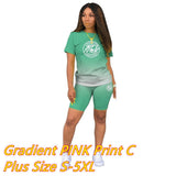 PINK Letter Print Gradient Two Piece Sets Women Round Neck Short Sleeve Top + Shorts Tracksuits Summer Fashion