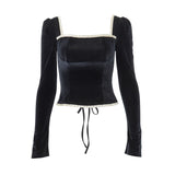 Fongt 2023 New Women's Sexy Temperament Square Collar Plush Wood Ear Back Strap Long-Sleeved