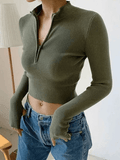 Quarter Zip Crop Rib Knit Sweater-Outfit