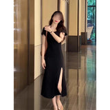 Fongt Fork Long Hepburn Small Black Dress Niche Figure Small Mother Bag Hip Long Dress Black Cold Sister Dress