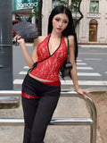 Red Lace Sheer Halter Crop Top And Flare Pants Set-Outfit