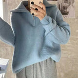 Women Rib Knitting Open Zipper Lapel Sweater 2021 Autumn Vintage Pullover Knitwear Long Sleeve Retro Ladies Knit Jumper