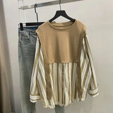 Women's Clothing Casual Striped Loose Blouse Korean Fake Two Pieces Round Neck Button Spring Autumn Basic Spliced Commute Shirt-Outfit
