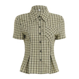 Fongt Cloth Forget British Wind Wood Ear V-Neck Check Shirt Temperament Waist Button Bubble Sleeve Top