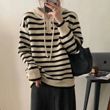 And Winter New Age-Reducing Sweater Gentle Korean Style Simple Striped Hooded Sweater Female Korean Version Slim Sweater-Outfit