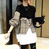 Clothing Vintage Plaid Pullovers Patchwork Knitted Fake Two Pieces Spring Autumn Round Neck Stylish Button Midi T-shirt-Outfit