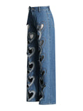 Fashion Trend Design Straight Trousers 2025 Summer New High-Waist Print Love Hollow Broad-Legged Jeans
