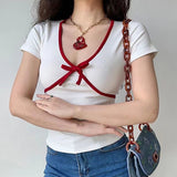 V-Neck Bow Knot Short Sleeve Coquette Tee-Outfit