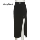 Dark Gothic High Waist A-Line Black Midi Skirts Mall Goth Y2k Punk Style Women Sexy Slit Side Buckle Front Skirt