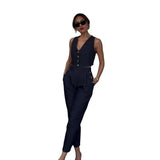 Fongt Summer New Solid Color Clap Buckle Design Vest Casual Pants Two Sets Of Women-Outfit