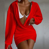 Long Sleeve V-Neck Turn Down Collor New