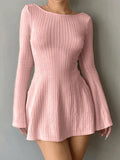 Backless Knitted Long Sleeve Mini Dress-Outfit