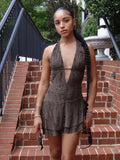 Fongt Wasteland Terrefty Hanging Neck Irregular Strapped Ribbon Dress Hottie Deep V-Leader Old Short Dress