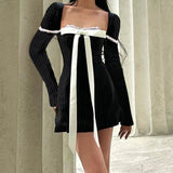Bow Patchwork Long Sleeve Dress Retro Square-neck Lace Stitch Bodycon Mini Dresses 2023 Evening Party Vestidos-Outfit