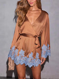 Fongt Women's Dress With Lace Trim Solid Color Dress 8195