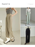 High Waist Straight Long Trousers Loose Waist Full-Length Panst Office Lady Solid Spring Pleated Grey