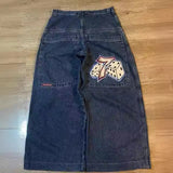 Hip-Hop Rock Embroidered Loose Jeans Y2k Street Retro Harahara Wide-Legged Straight Trousers-Outfit
