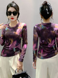 S-3XL New Vague Printing Mesh T-shirt Women's Round Neck Long Sleeve High Stretch Light Fabric Tees Tops-Outfit
